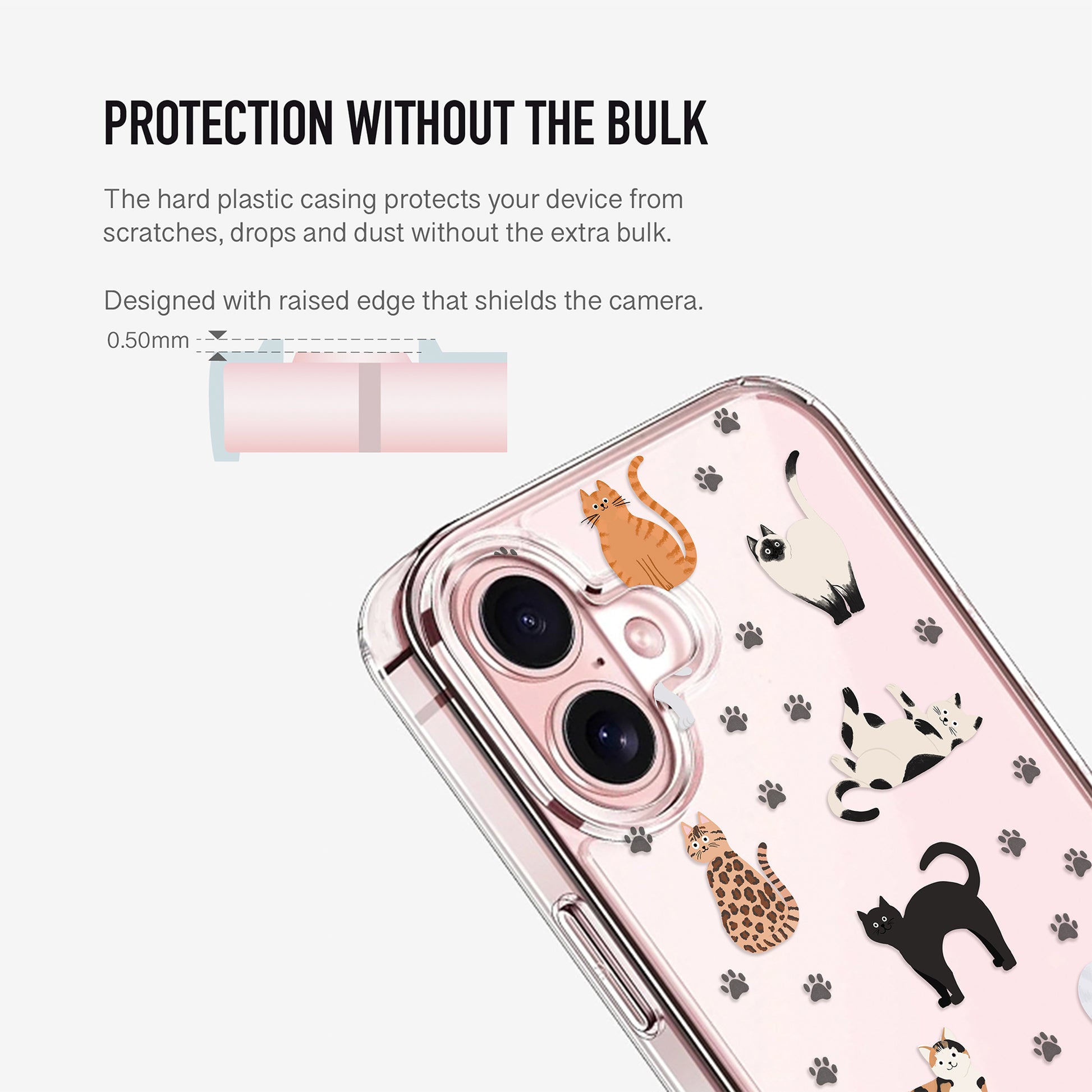 Phone case with cat designs on a clear background showing raised camera edge
