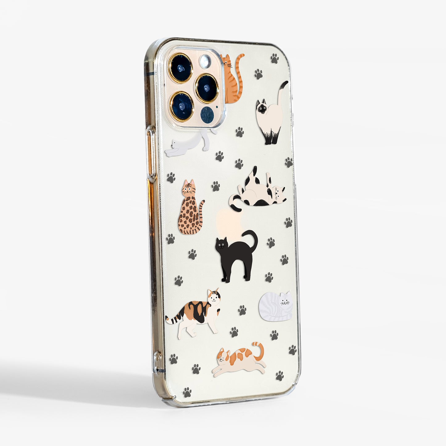 Side view of Phone case with cat illustrations and paw prints on a clear background