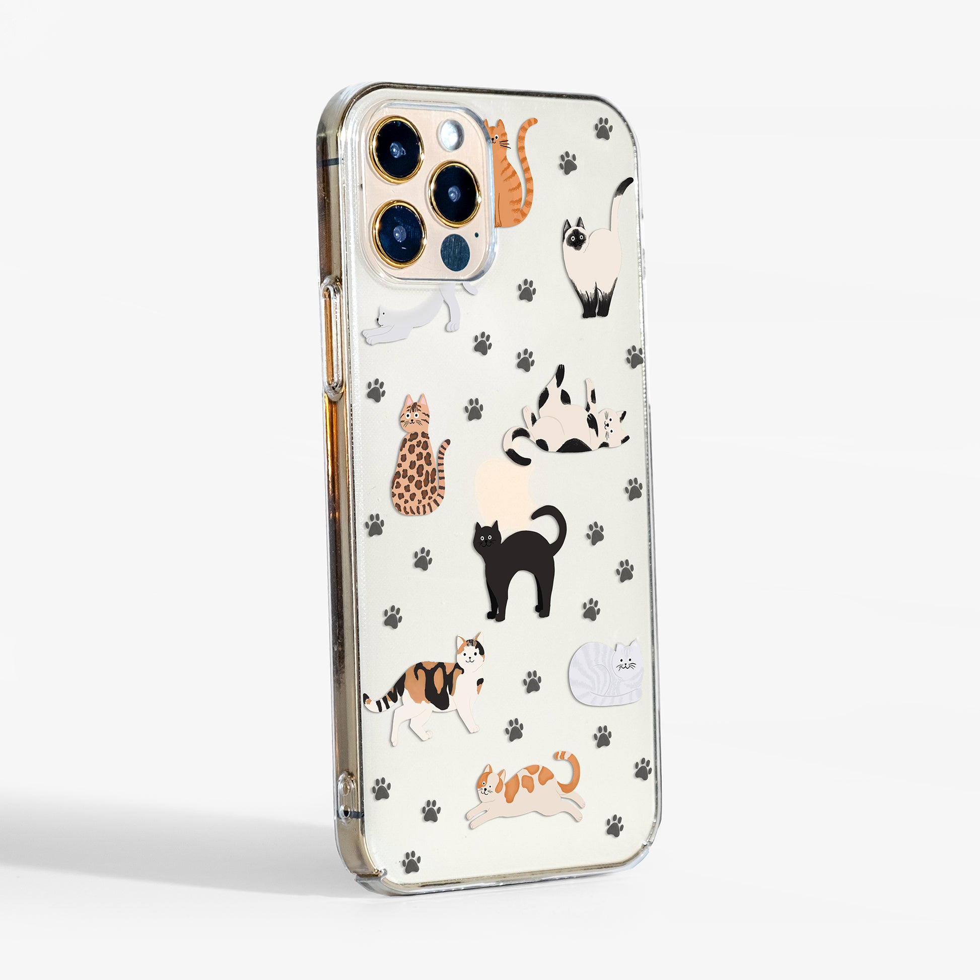 Side view of Phone case with cat illustrations and paw prints on a clear background