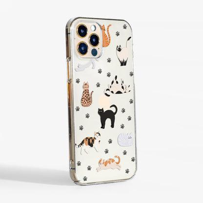 Side view of Phone case with cat illustrations and paw prints on a clear background