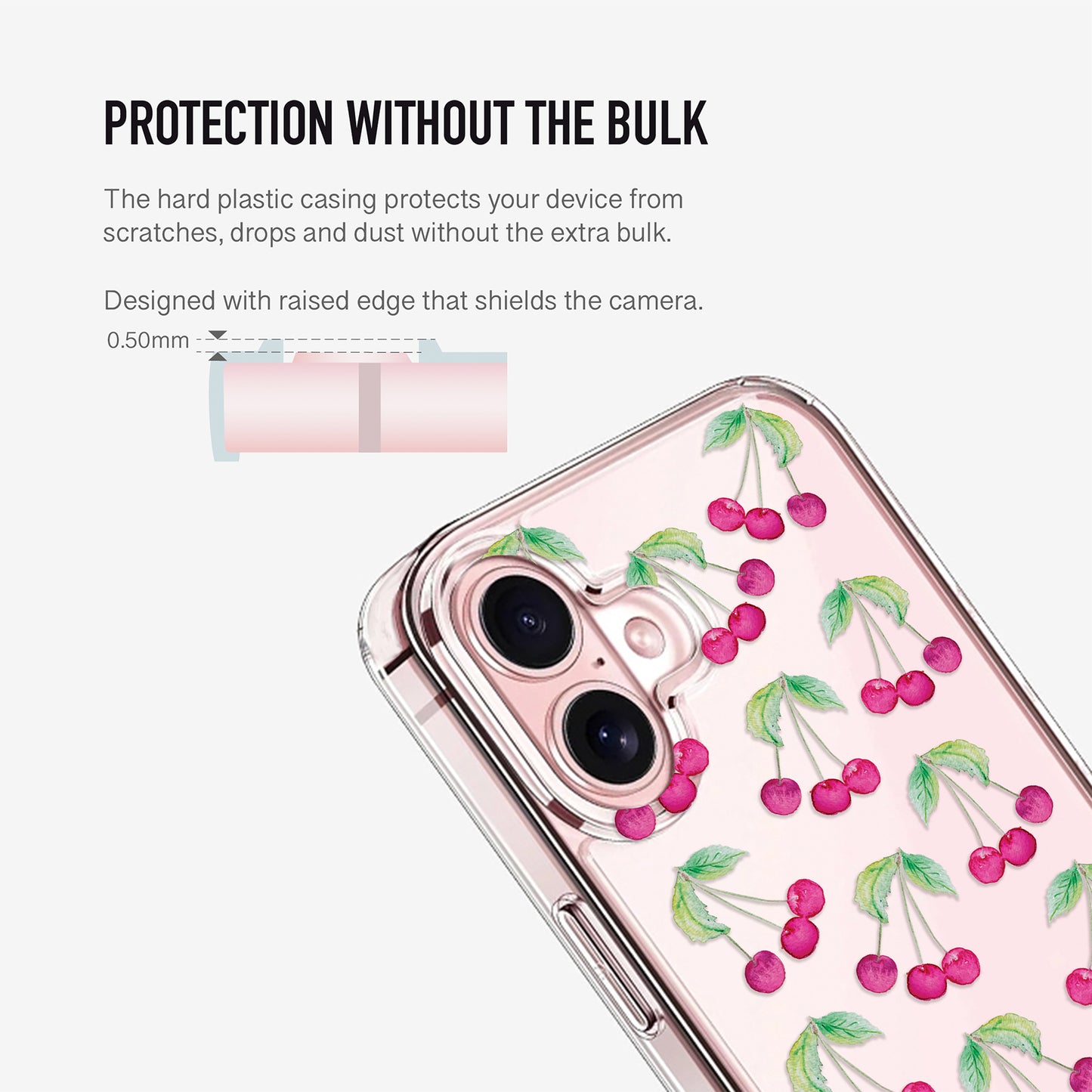 clear cherry phone case with raised camera edge for extra protection 