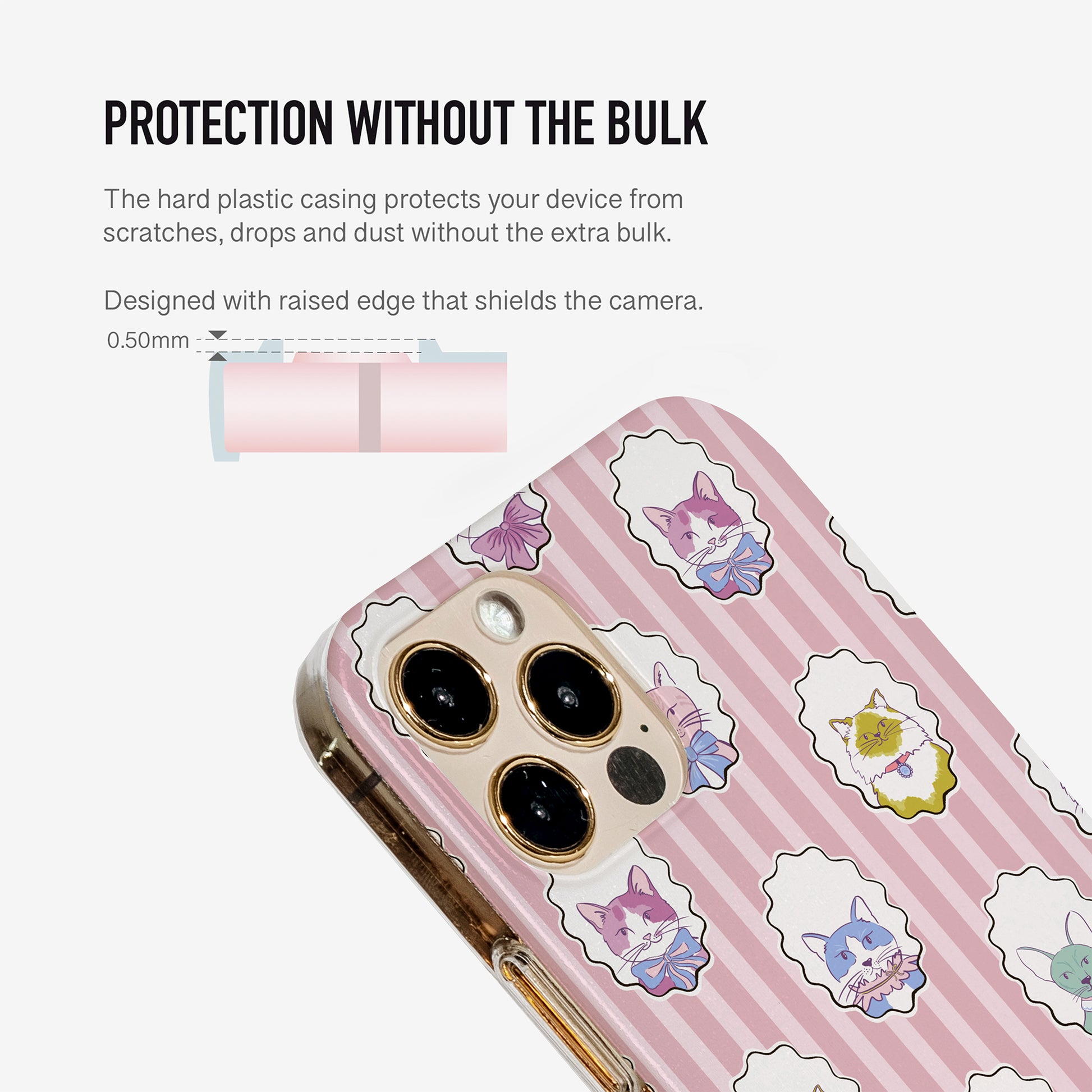 Close-up of the Chic Cats phone case showing detailed cat illustrations and raised camera edge