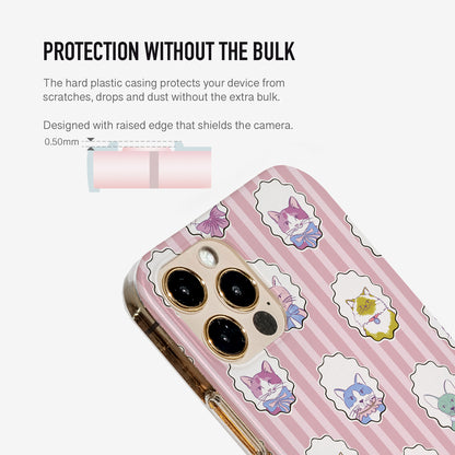 Close-up of the Chic Cats phone case showing detailed cat illustrations and raised camera edge