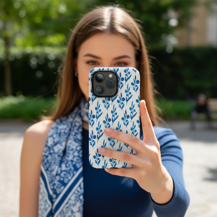 Woman holding a phone with the blue florals phone case showing it in real life setting