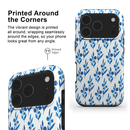 Phone case with blue floral pattern with printed edges and full wrap around deign
