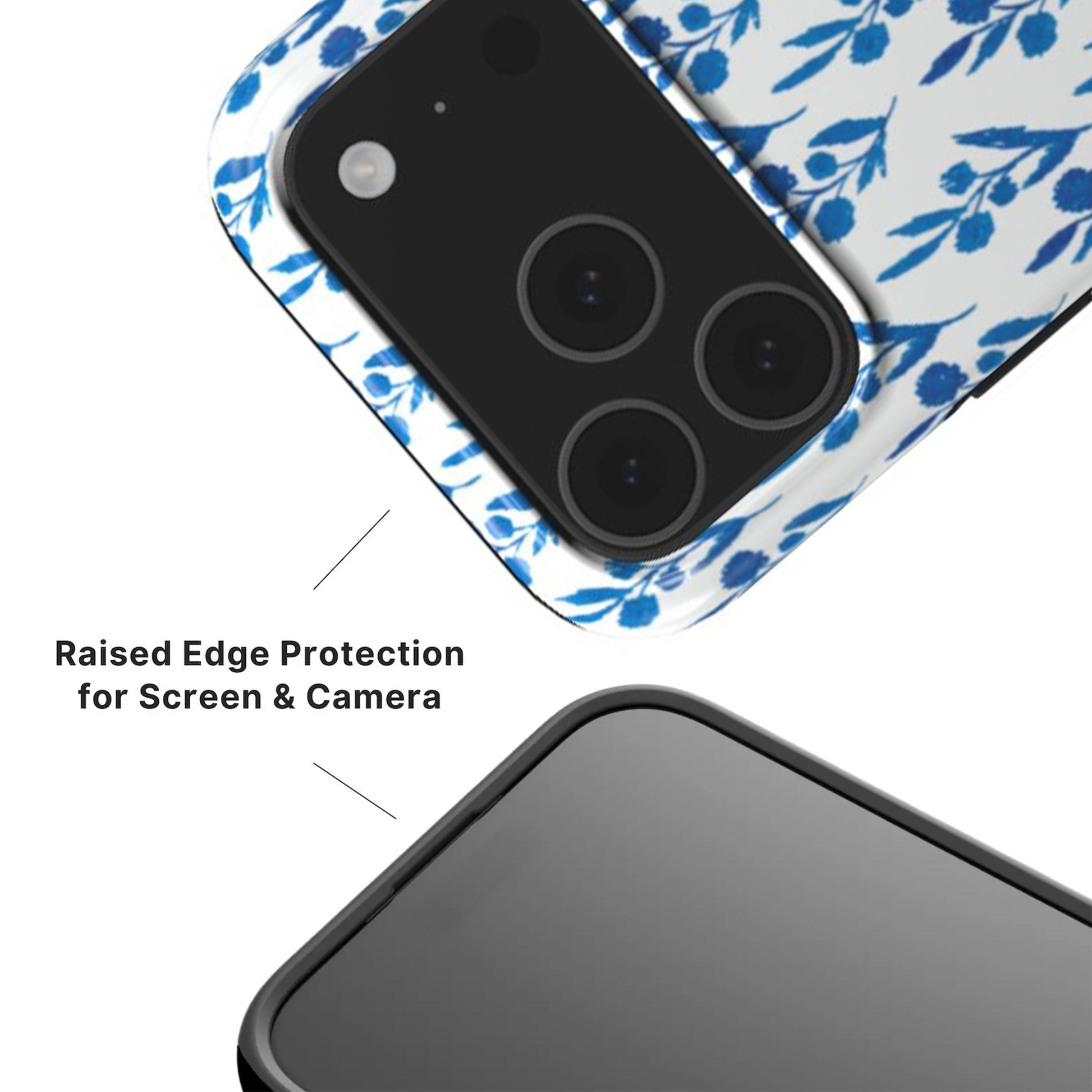 Phone case with blue florals showing raised camera and screen edges with black rim 