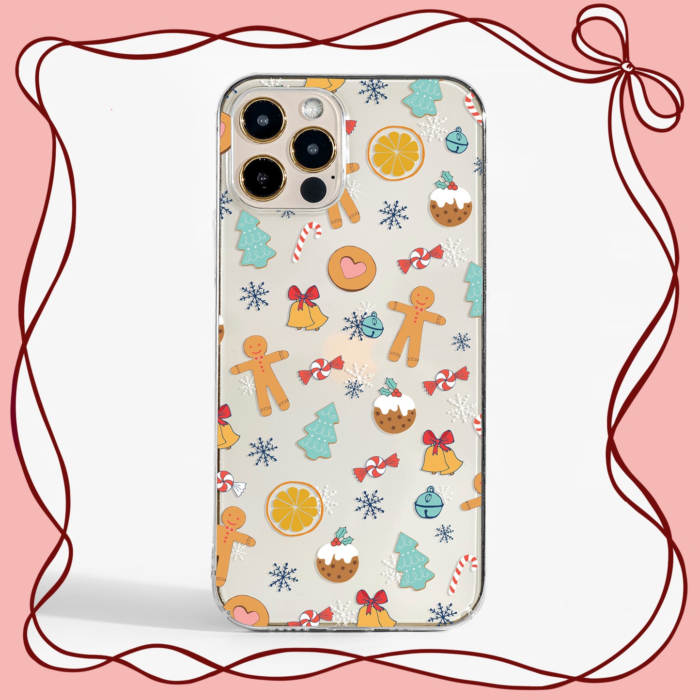 Clear Christmas phone case with festive treats design — a cute protective phone case for iPhone, Samsung, and Google Pixel.