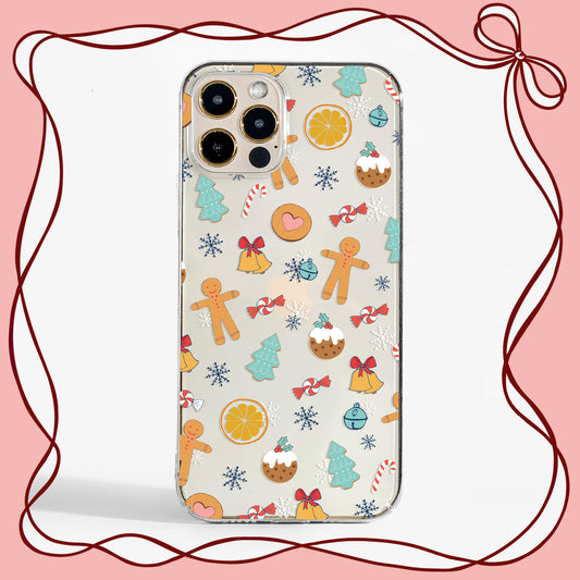Clear Christmas phone case with festive treats design — a cute protective phone case for iPhone, Samsung, and Google Pixel.