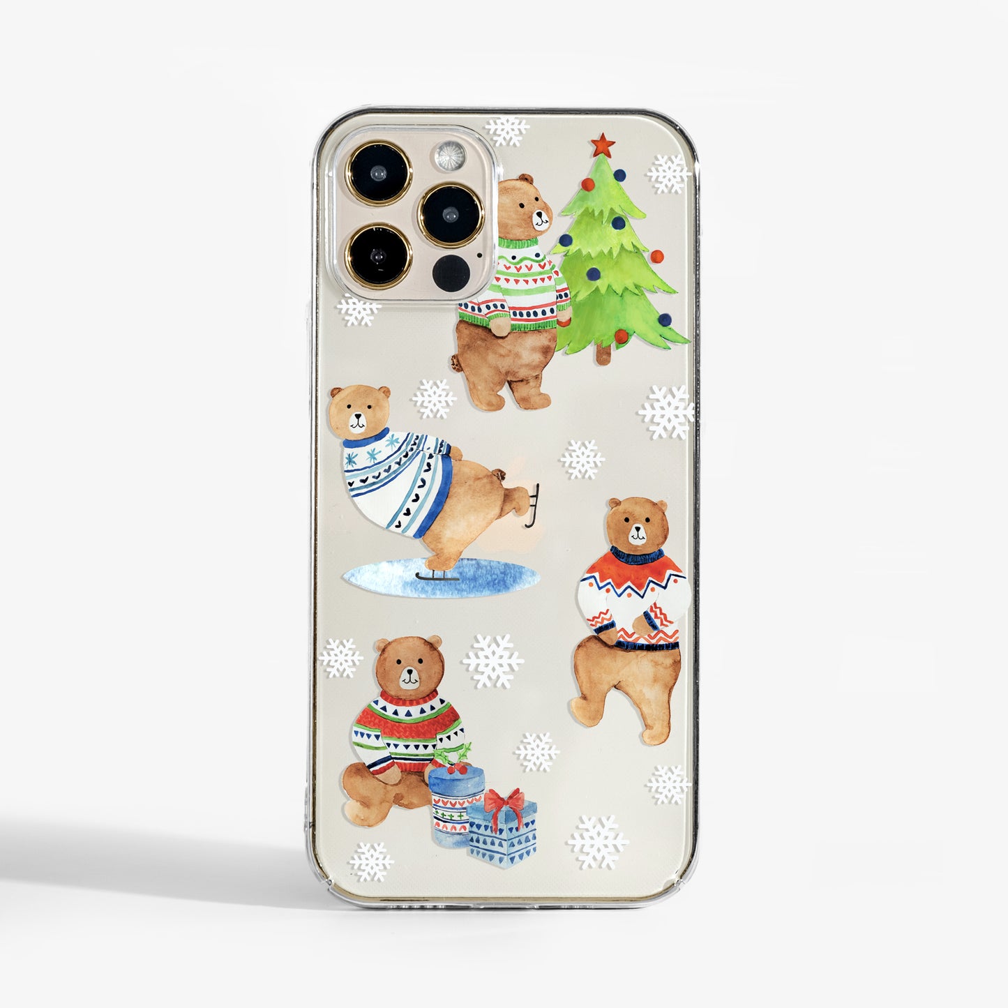 Christmas Bears clear phone case featuring cute festive bear artwork; a winter phone case for women that’s slim, protective, and festive