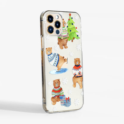 Side view of Christmas Bears clear phone case showing transparent edges and sleek protective profile.