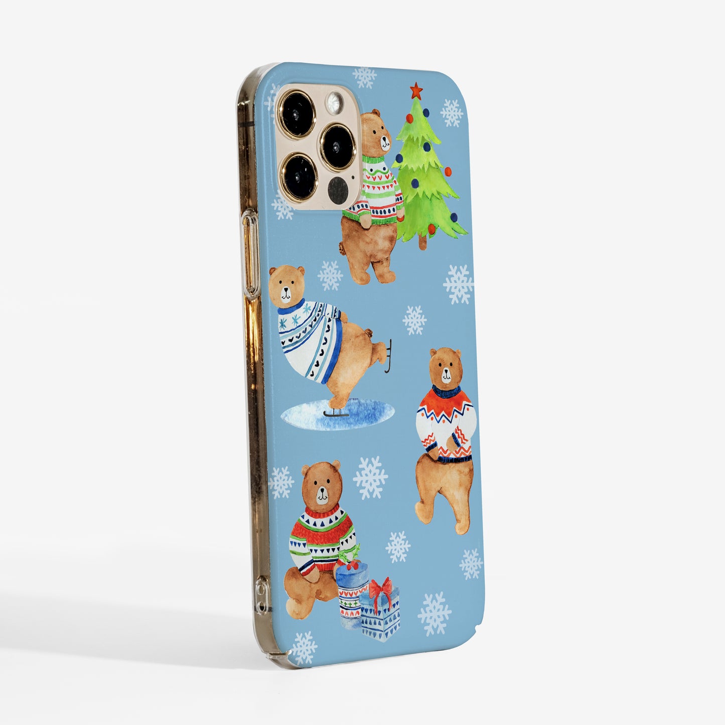 Side view of Christmas Bears phone cover highlighting smooth matte finish, clear sides and snug fit.
