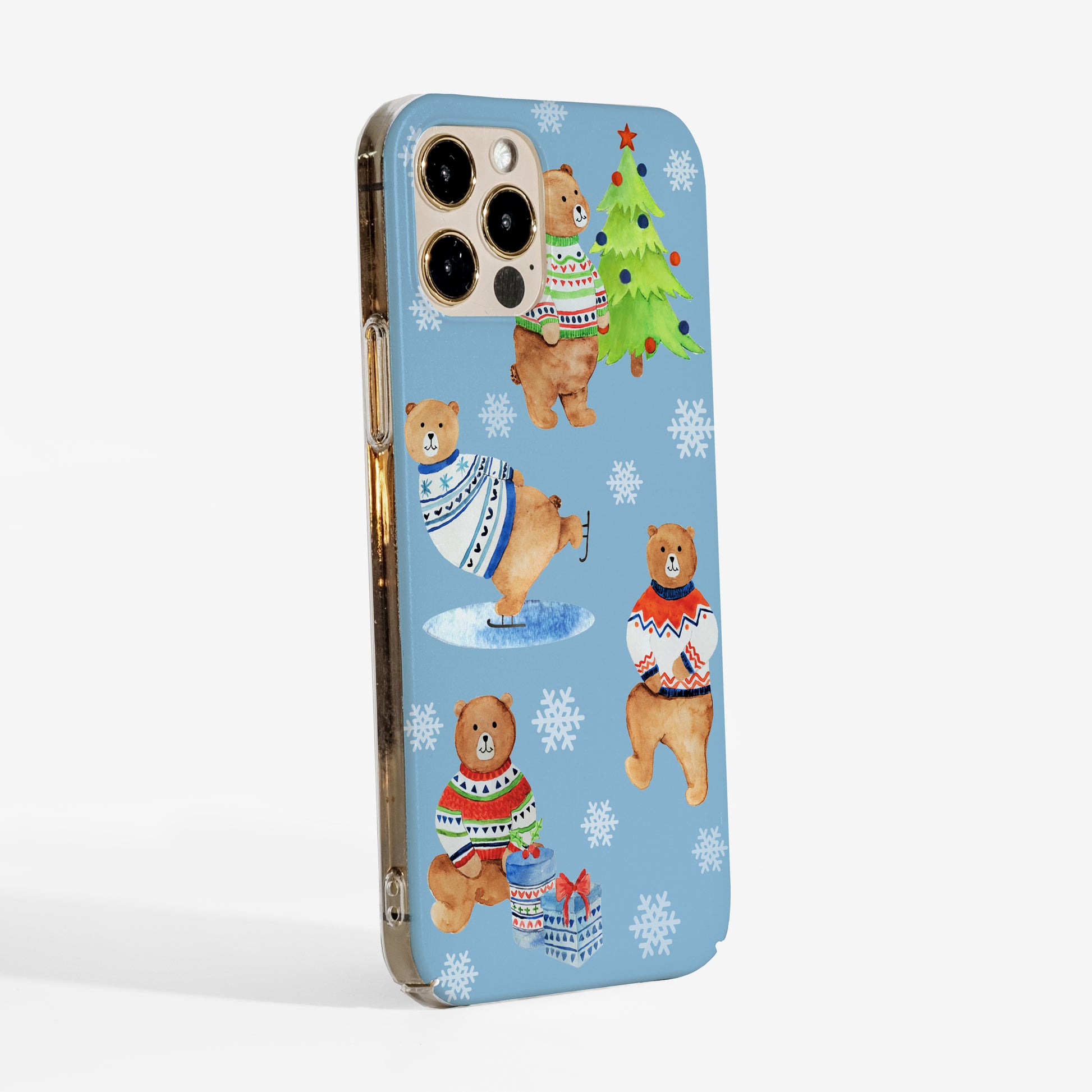 Side view of Christmas Bears phone cover highlighting smooth matte finish, clear sides and snug fit.
