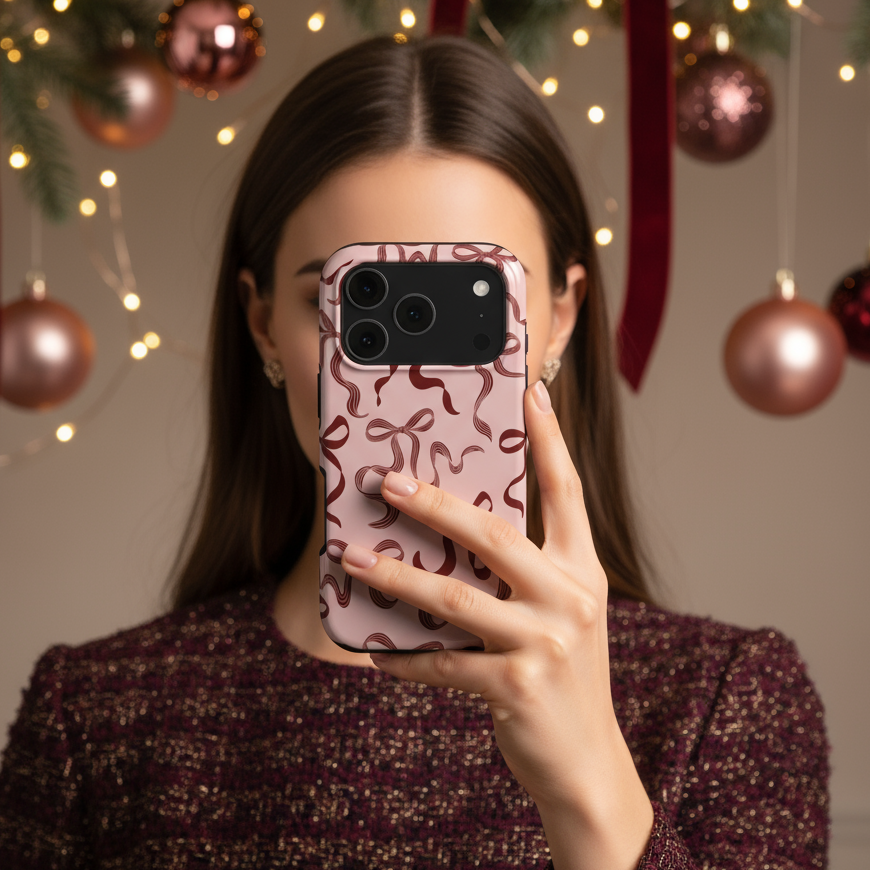 Woman holding a pretty pink Christmas phone case with festive ribbons design — cute, stylish, and protective holiday accessory.
