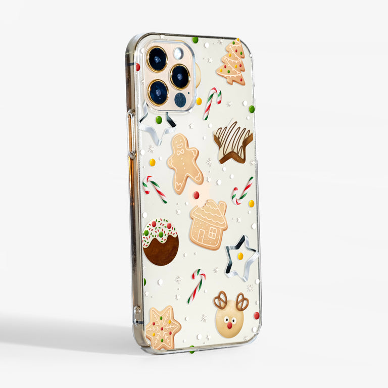 Side view of Christmas Cookies -clear phone case showing transparent sides and slim leightweigght fit