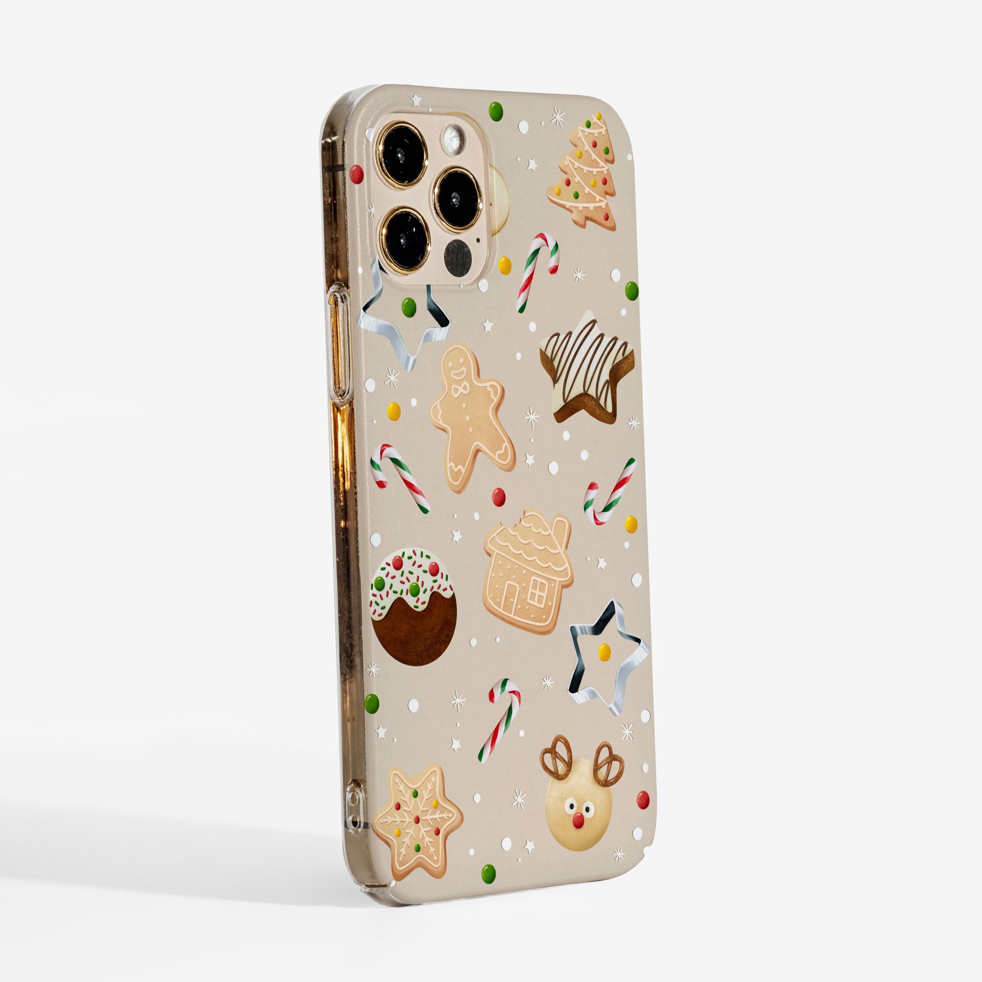 Side view of Christmas Cookies phone case showing clear sides and sturdy fit.