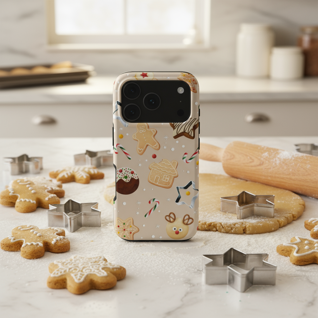 Phone case with gingerbread design on a kitchen counter with cookies and cookie cutters.
