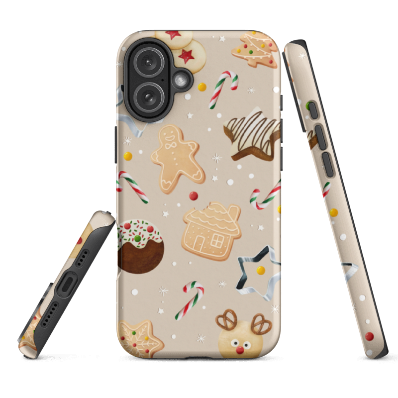 Phone case with festive design featuring Christmas cookies, candy canes, and gingerbread men on a beige background, showing glossy edges and full-wrap protective design.