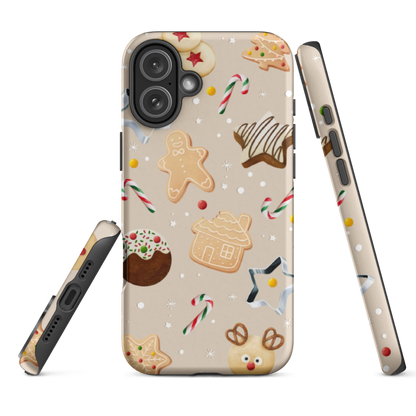 Phone case with festive design featuring Christmas cookies, candy canes, and gingerbread men on a beige background, showing glossy edges and full-wrap protective design.