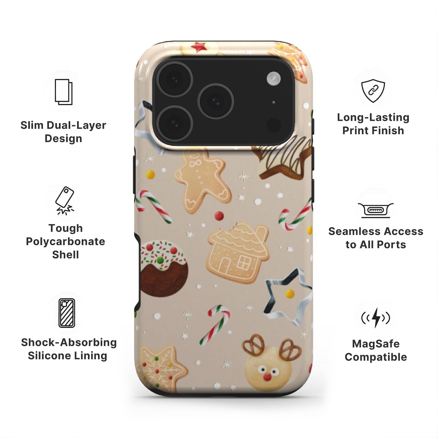 Christmas Cookies Phone Case showing features like dual layer protection, long-lasting print and easy access to all ports 