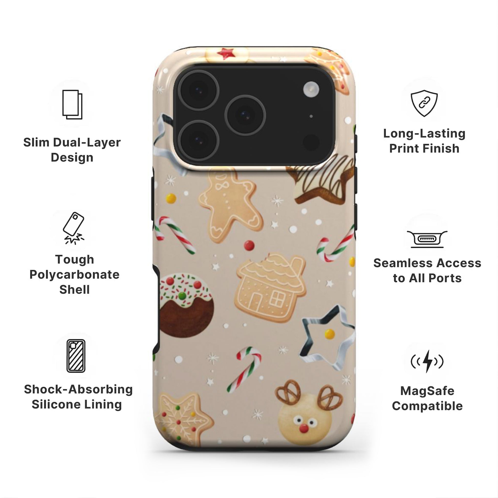 Christmas Cookies Phone Case showing features like dual layer protection, long-lasting print and easy access to all ports 