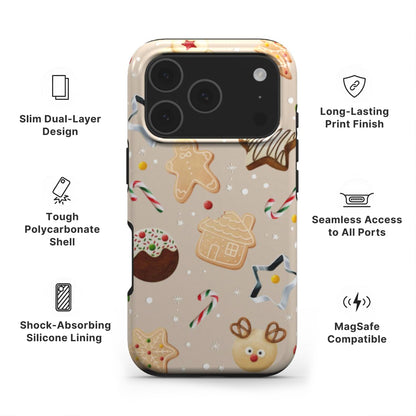 Christmas Cookies Phone Case showing features like dual layer protection, long-lasting print and easy access to all ports 