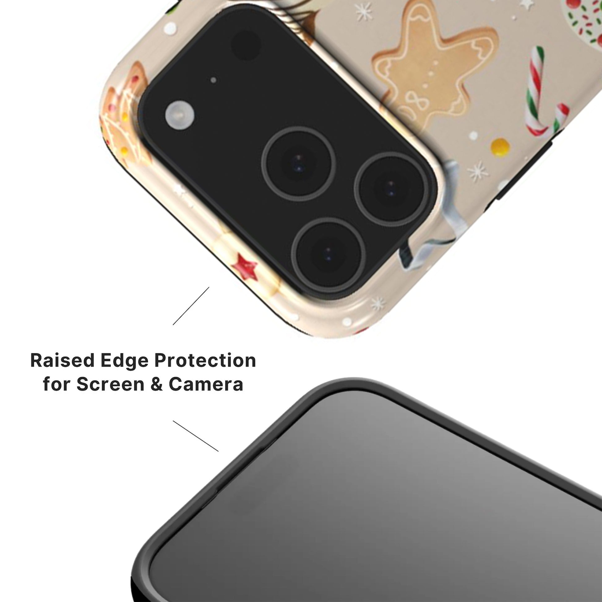 Christmas Cookies Phone Case showing raised camera and screen edges with black rim 