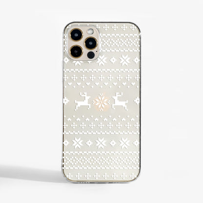 Clear phone case with Christmas Jumper design, inspired by cosy knitwear patterns; a festive, stylish phone case for iPhone and Samsung.