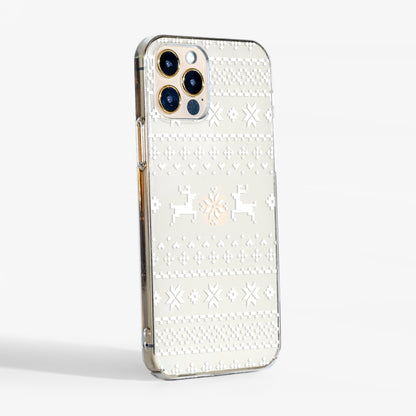 side view of Christmas Jumper phone case showing slim, lightweight design and Transparent sides.
