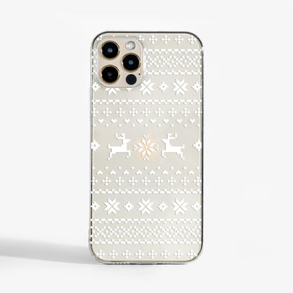 Clear phone case with Christmas Jumper design, inspired by cosy knitwear patterns; a festive, stylish phone case for iPhone and Samsung.