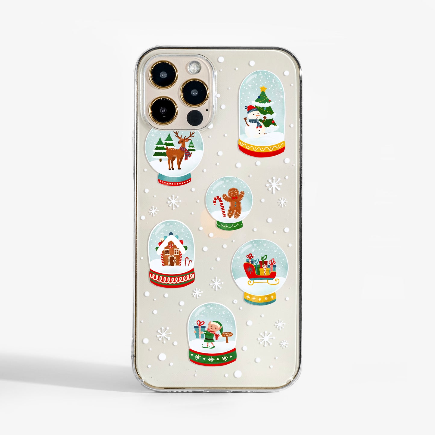 Clear Christmas Snow Globes phone case with charming winter design; a clear phone case with fun festive design.