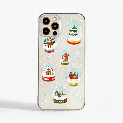 Clear Christmas Snow Globes phone case with charming winter design; a clear phone case with fun festive design.