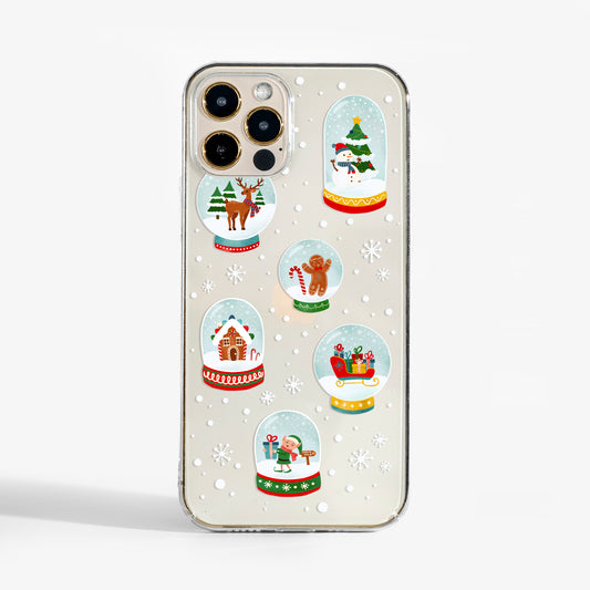 Clear Christmas Snow Globes phone case with charming winter design; a clear phone case with fun festive design.
