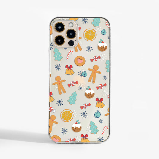 Clear Christmas phone case with festive treats design and matte finish — cute and protective.