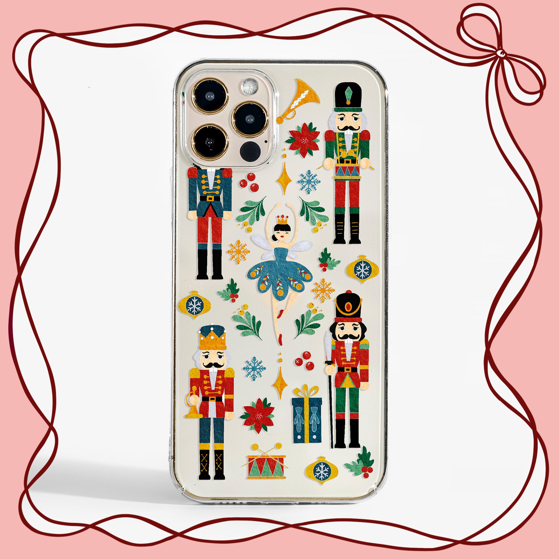 Clear Nutcracker phone case with christmas design on a clear background, perfect for the festive season