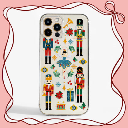 Clear Nutcracker phone case with christmas design on a clear background, perfect for the festive season