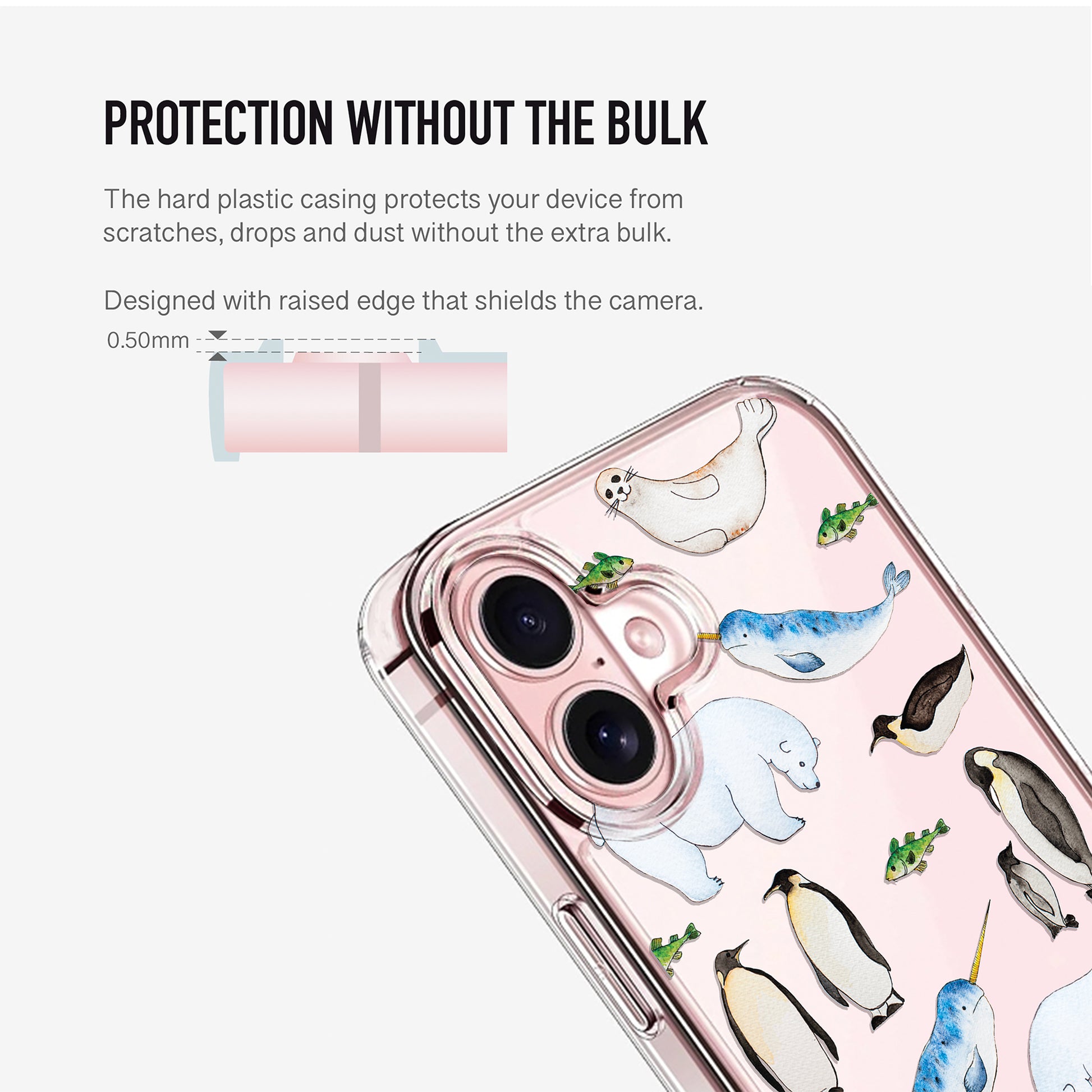Clear phone case with arctic animals design on a clear background showing raised camera edges for extra protection