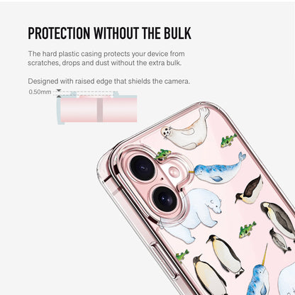 Clear phone case with arctic animals design on a clear background showing raised camera edges for extra protection