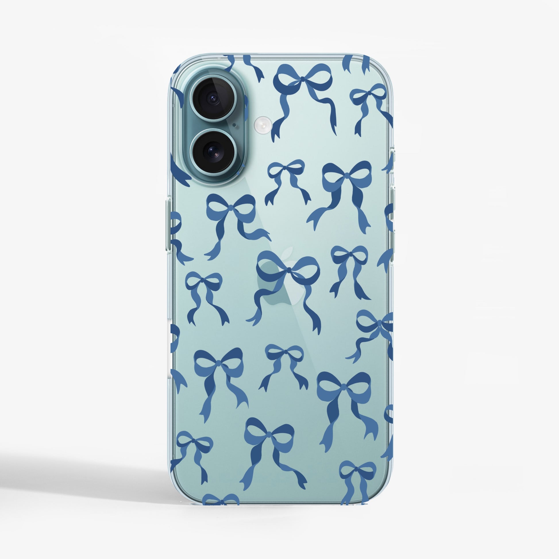 Clear phone case with fun blue bow design — stylish and protective phone cover for iPhone