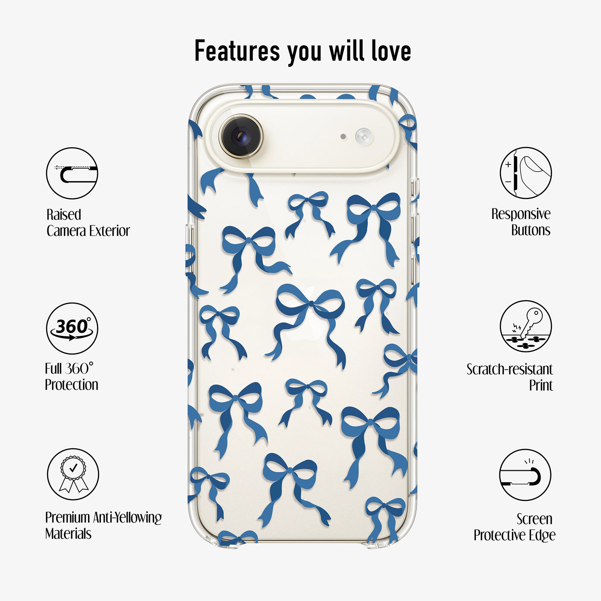 Clear Blue Bow phone case, with scratch resistant print, raised screen and camera egdes and 360 protection