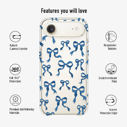 Clear Blue Bow phone case, with scratch resistant print, raised screen and camera egdes and 360 protection