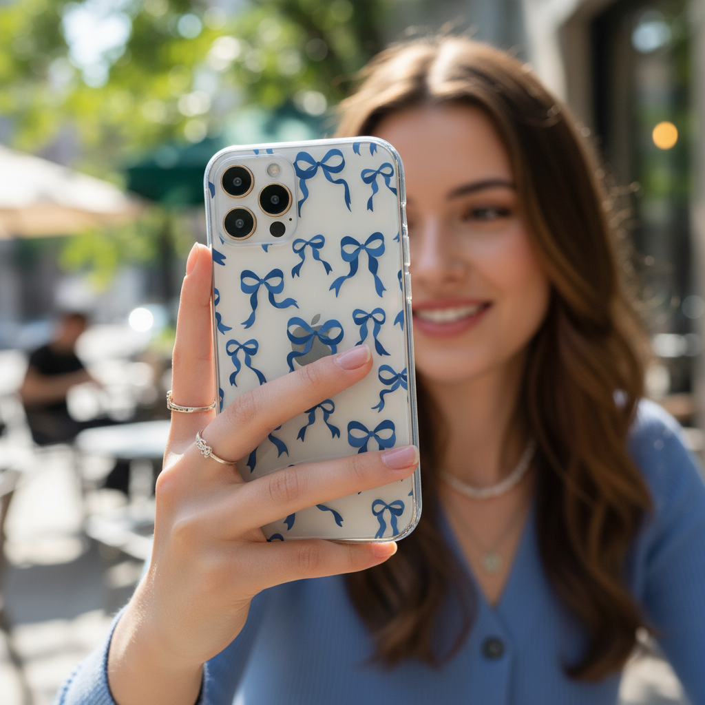 Woman holding a phone with a clear blue bow phone case in an outdoor setting