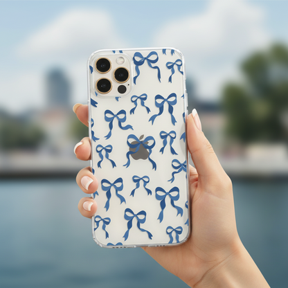 woman holding Clear Blue Bow phone case in hand