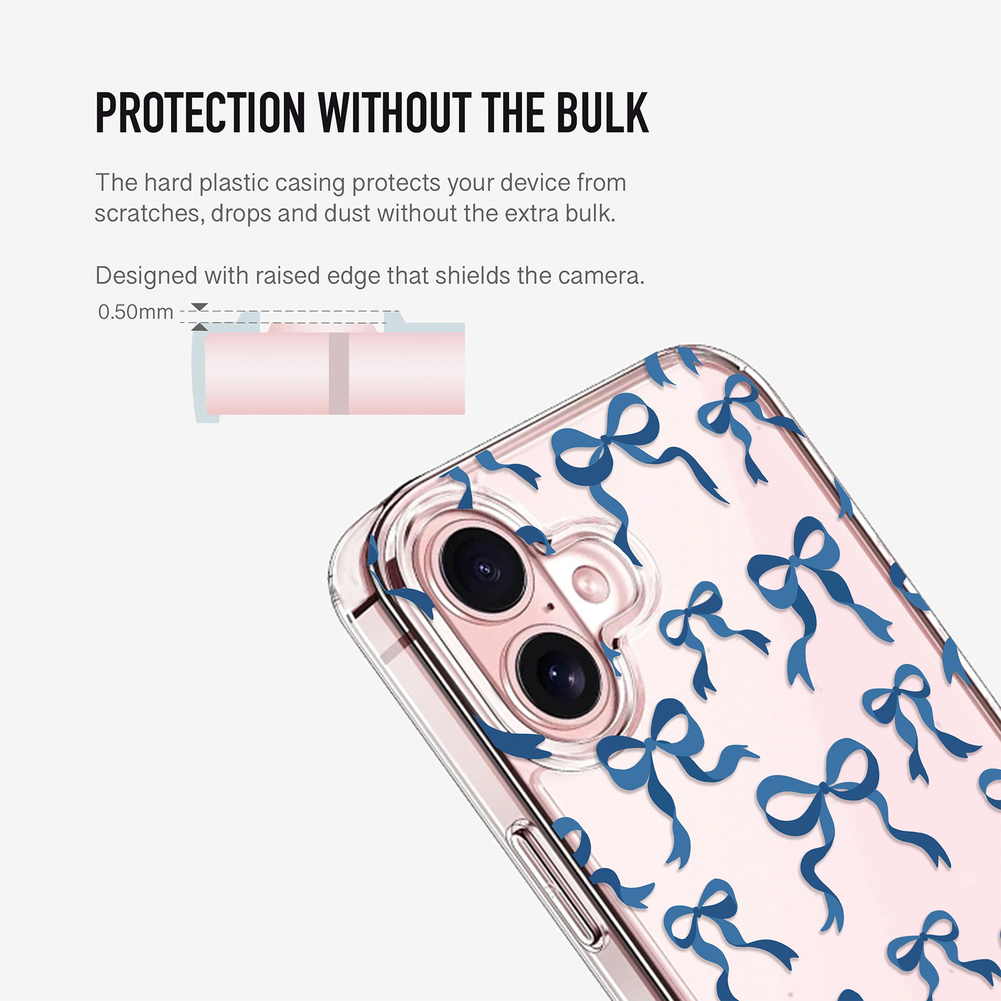 Clear Phone case with blue bow design on a showing raised camera edge for extra protection