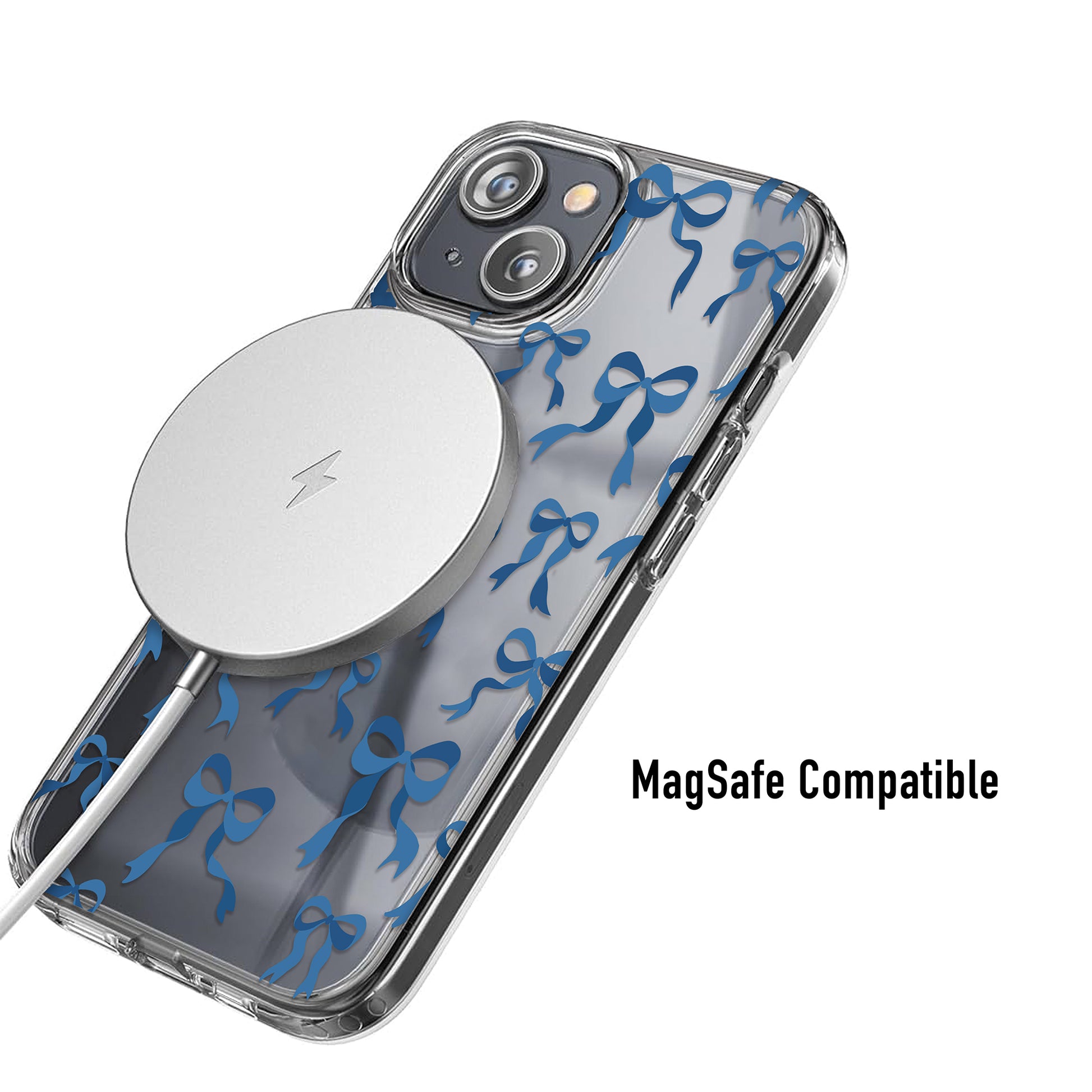 Clear Blue Bow phone case with magsafe wireless charging