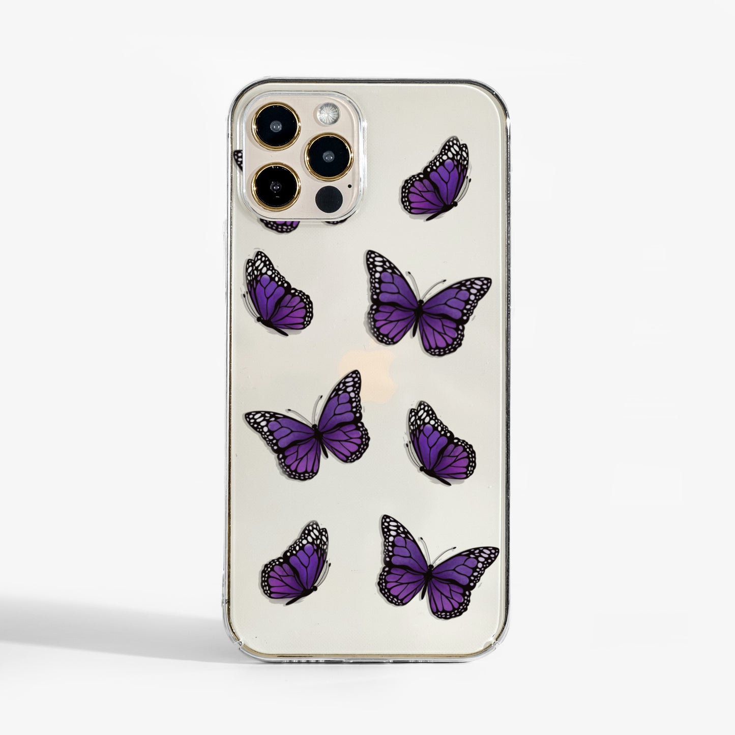 Clear Butterfly phone case with purple monarch utterflies and clear background- available for iPhone, Samsung, and Google Pixel.