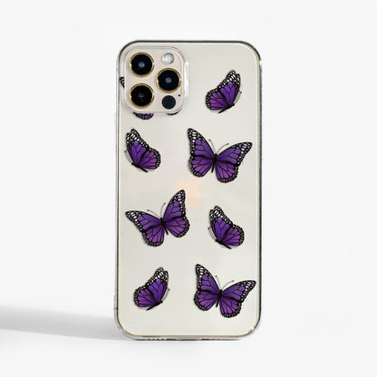 Clear Butterfly phone case with purple monarch utterflies and clear background- available for iPhone, Samsung, and Google Pixel.