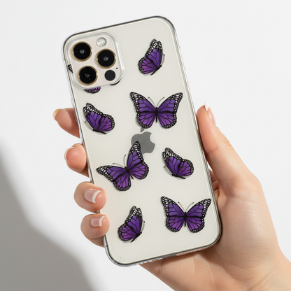 Woman holding clear butterfly phone case in hand