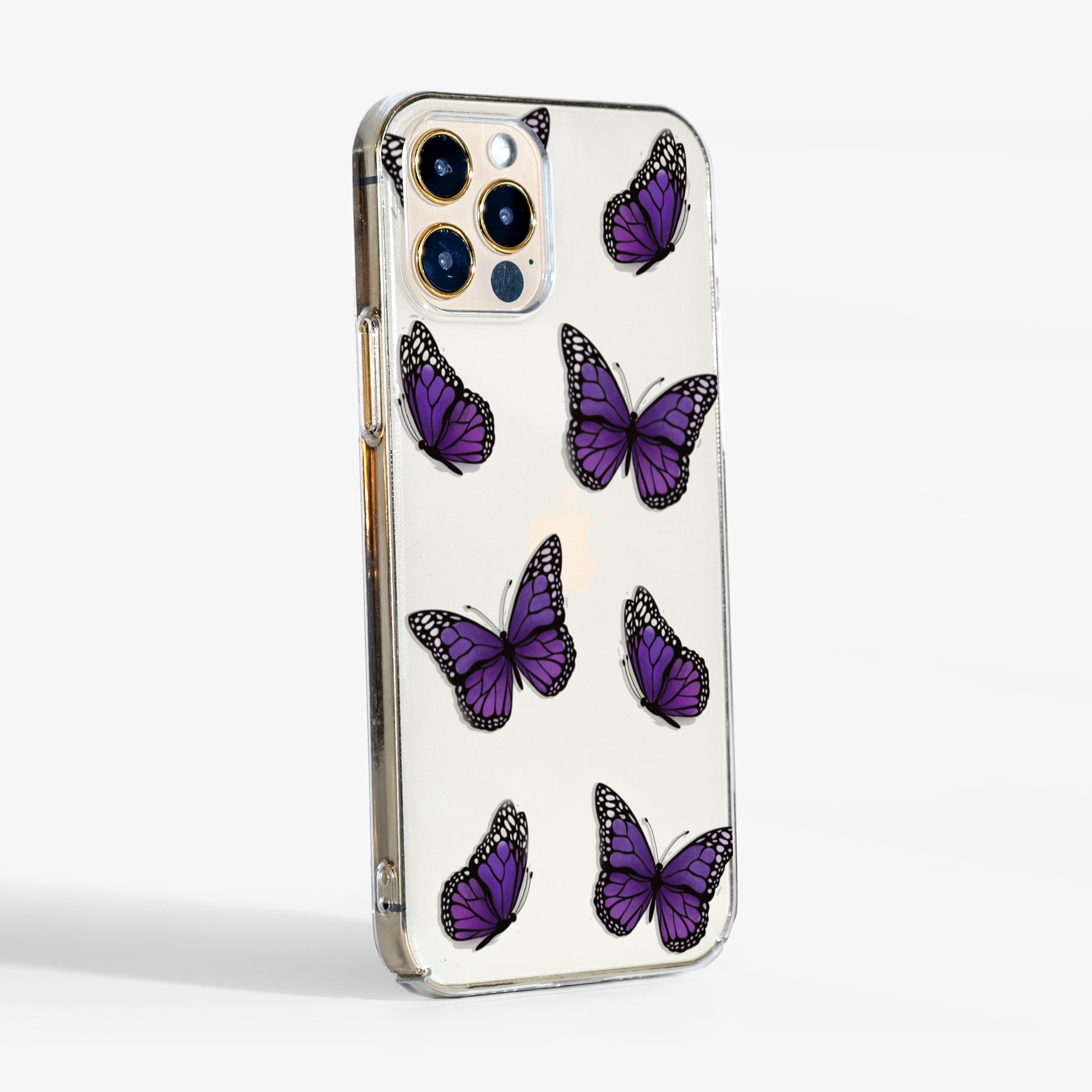 Side view of clear phone case  with purple butterfly design showing clear edges and slim profile.
