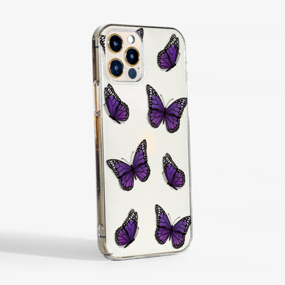 Side view of clear phone case  with purple butterfly design showing clear edges and slim profile.
