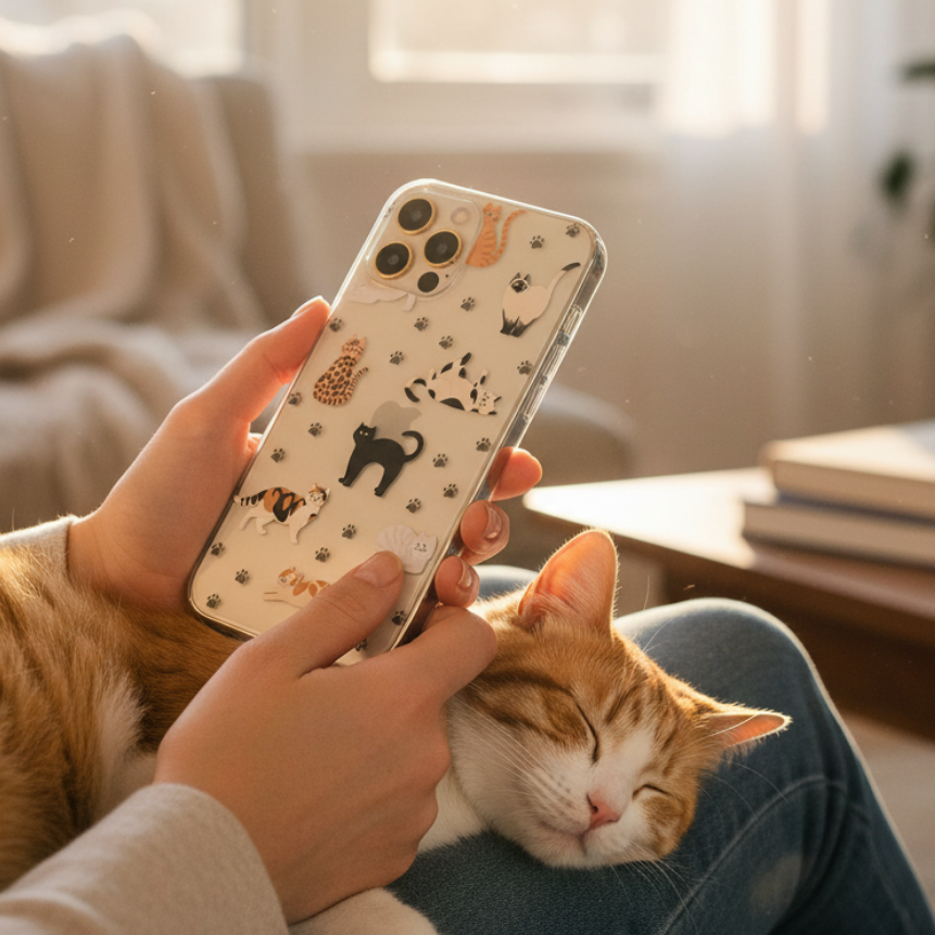 woman holding Clear Cat Phone case in everyday life